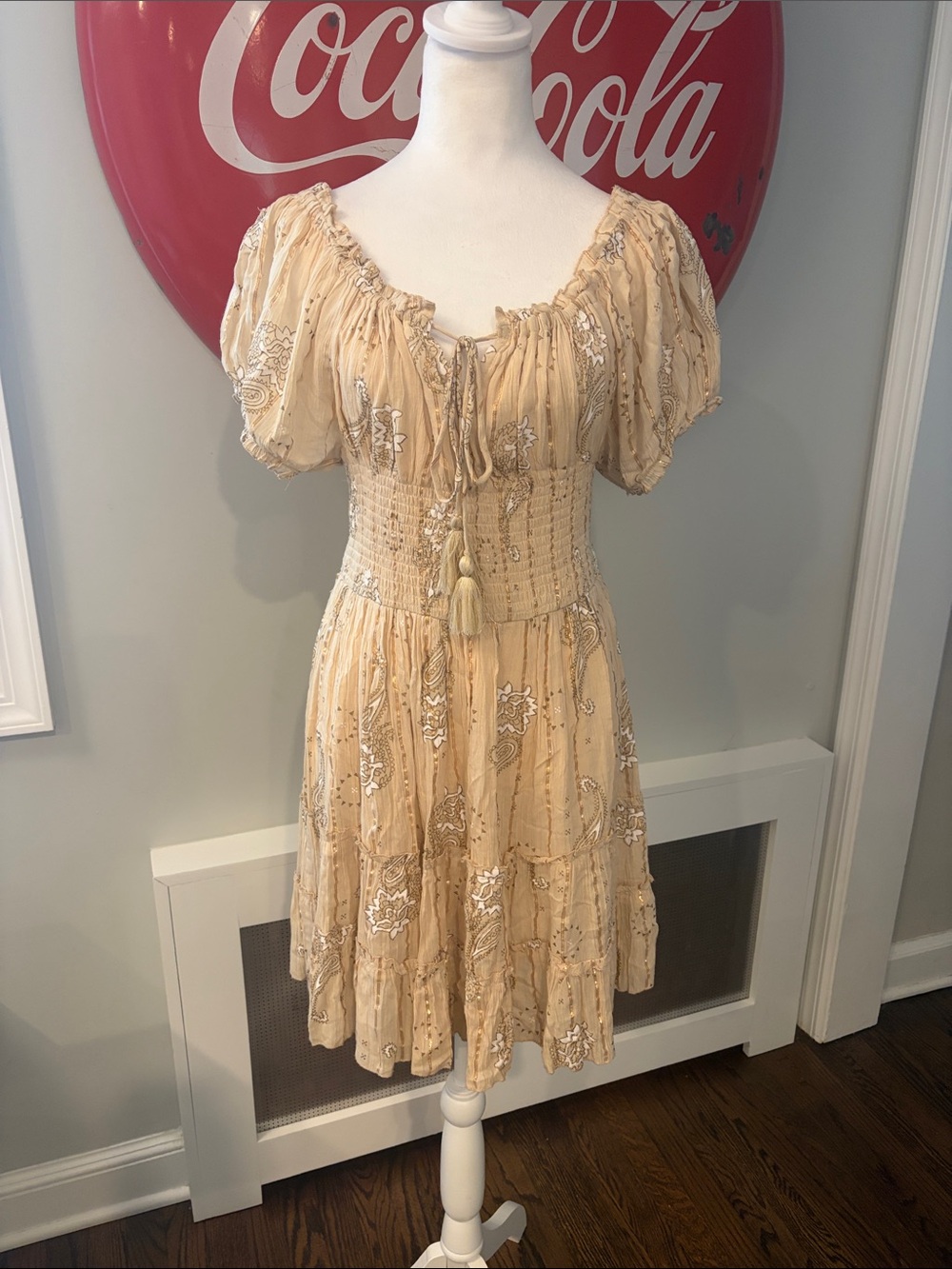 Ananta Boho Ruched Waist Ruffle Skirt Peasant-style Mini Dress, Cream & Gold, L